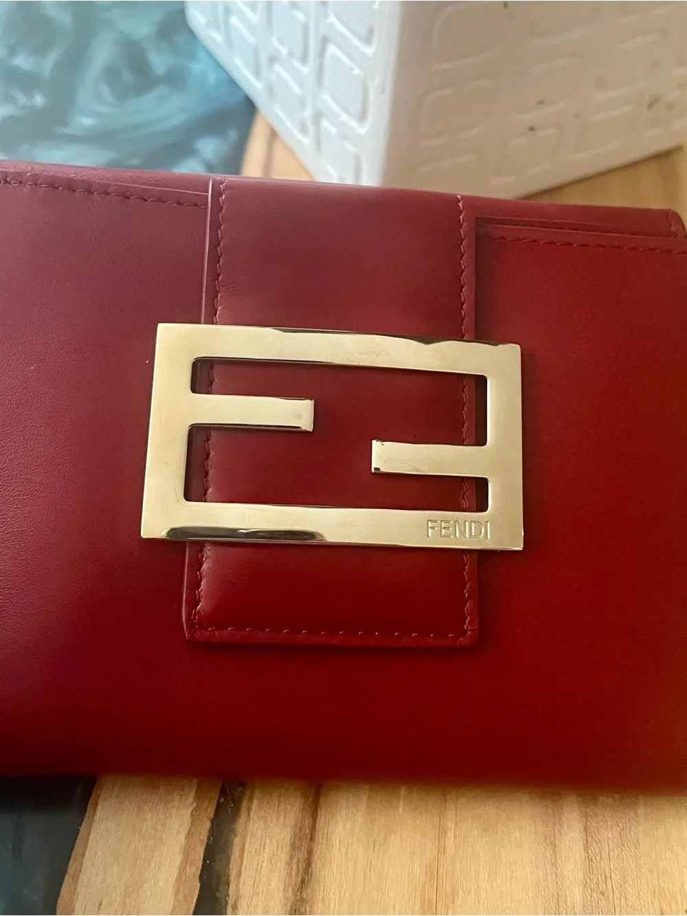Fendi FF Logo Red Leather compact Wallet with Gold Logo Buckle